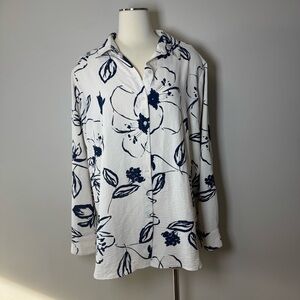 Tamaha H Floral Button Down Shirt - White and Blue 1X